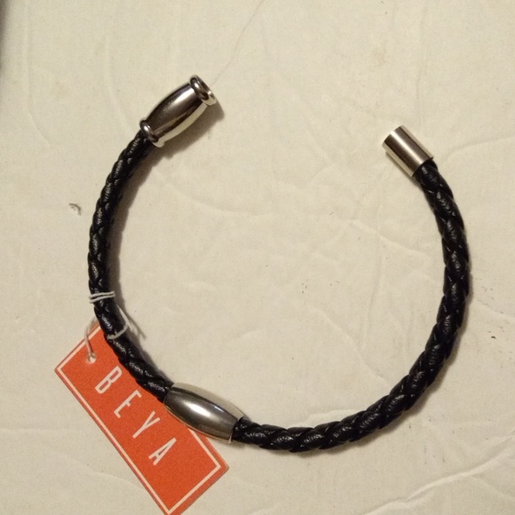 Men stainless steel SM pu leather black silver bracelet 8.1" - Picture 5 of 5